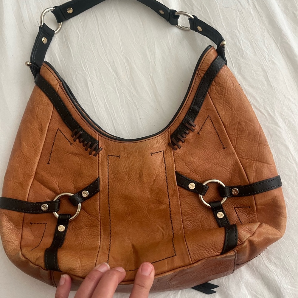 Tan Leather Shoulder Bag with Black Trim